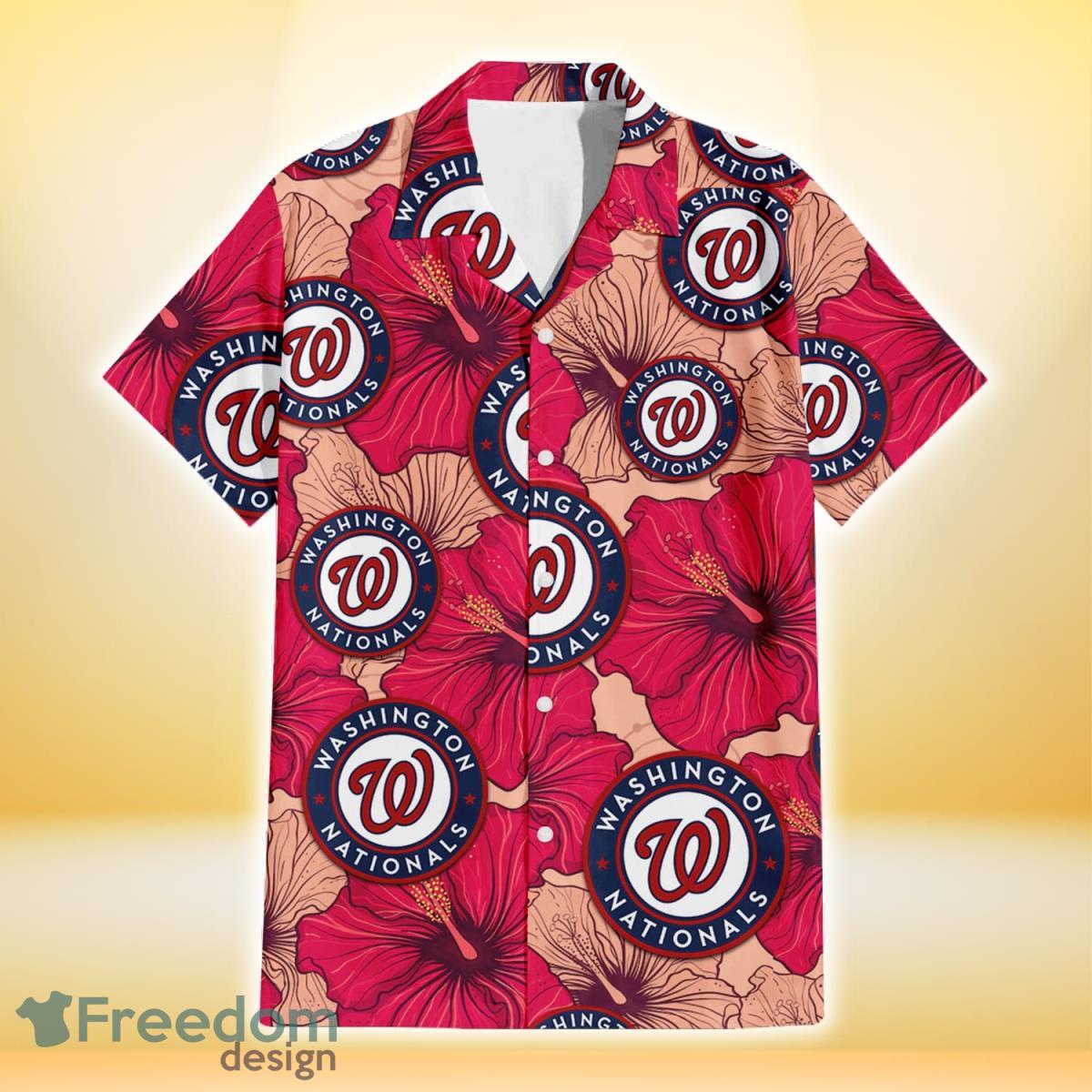 Washington Nationals Red Beige Hibiscus Beige Background 3D Hawaiian Shirt Gift For Fans Product Photo 2