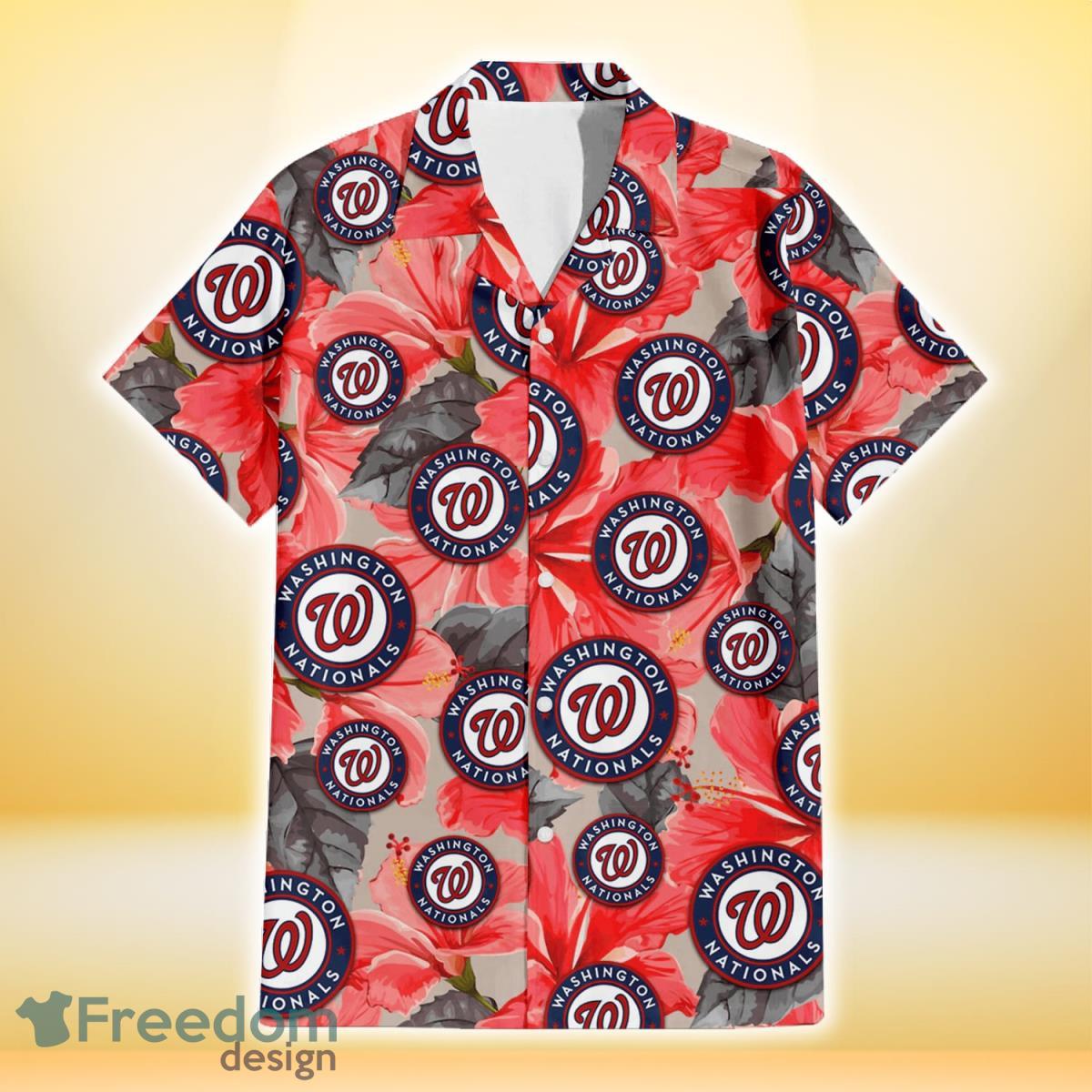 Washington Nationals Red Hibiscus Gray Leaf Beige Background 3D Hawaiian Shirt Gift For Fans Product Photo 2