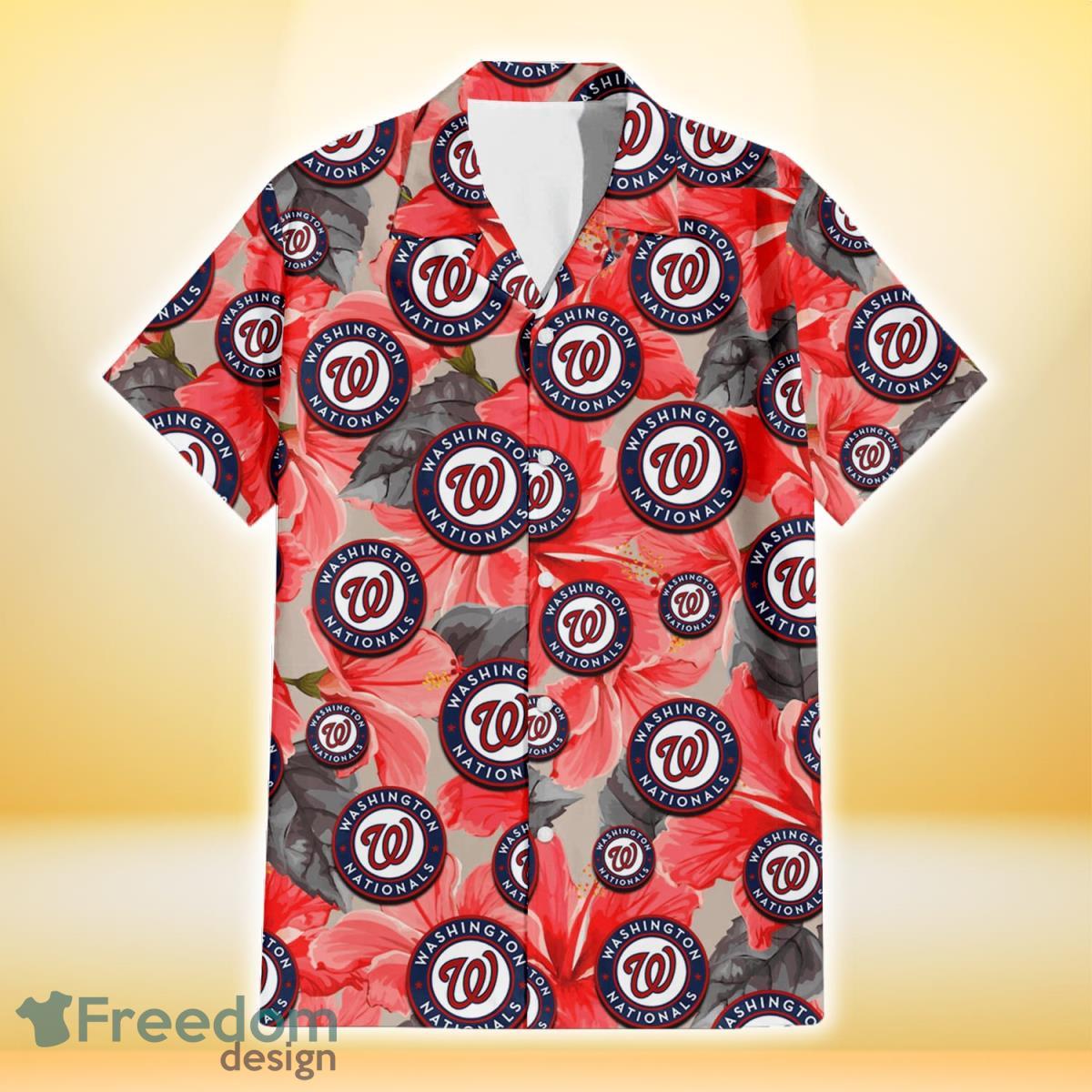 Washington Nationals Red Hibiscus Gray Leaf Gainsboro Background 3D Hawaiian Shirt Gift For Fans Product Photo 2