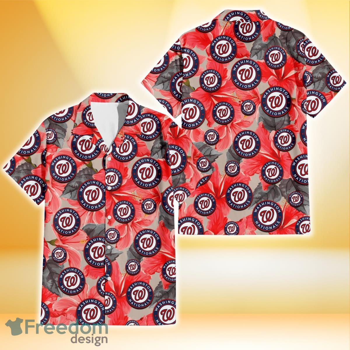 Washington Nationals Red Hibiscus Gray Leaf Gainsboro Background 3D Hawaiian Shirt Gift For Fans Product Photo 1