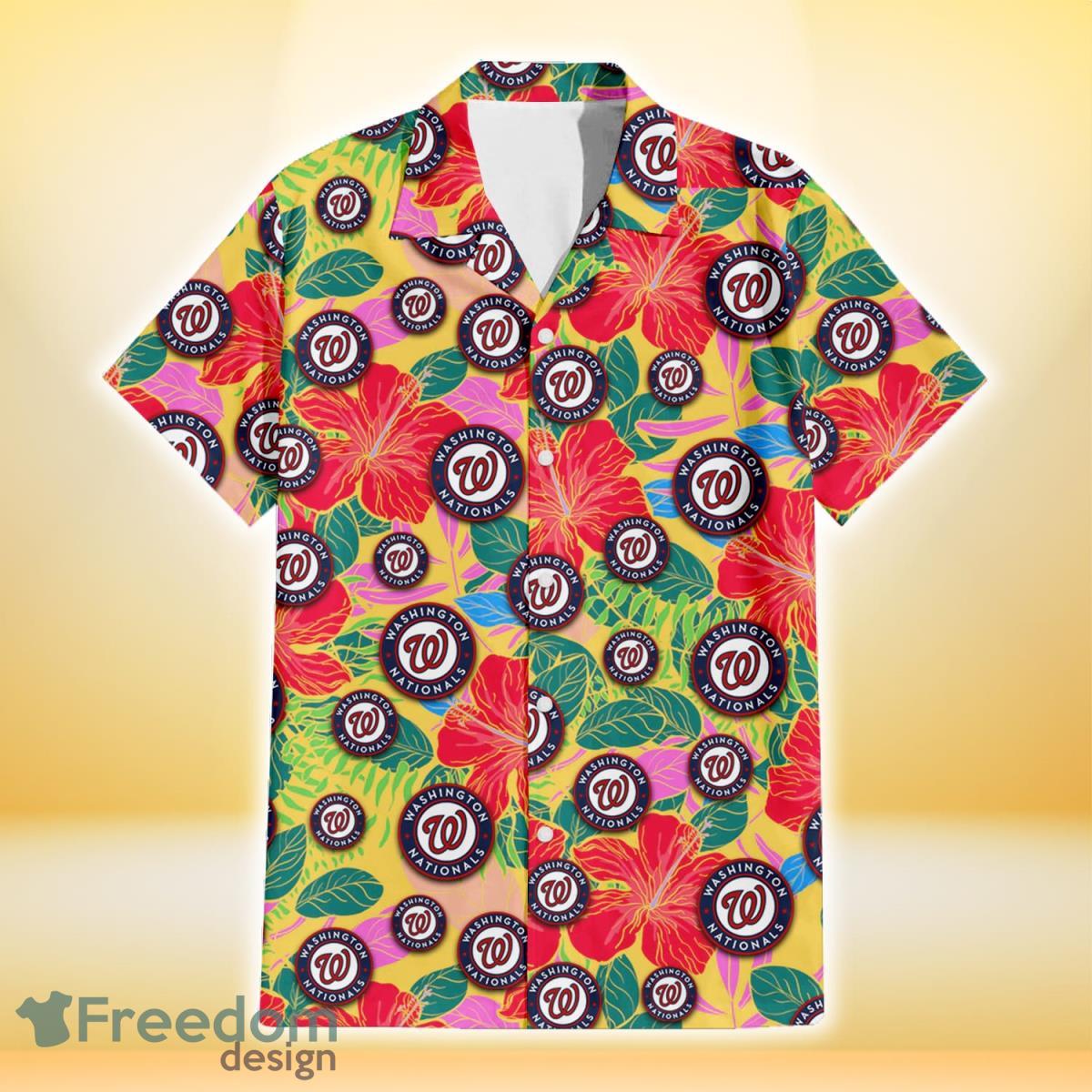 Washington Nationals Red Hibiscus Green Blue Leaf Yellow Background 3D Hawaiian Shirt Gift For Fans Product Photo 2