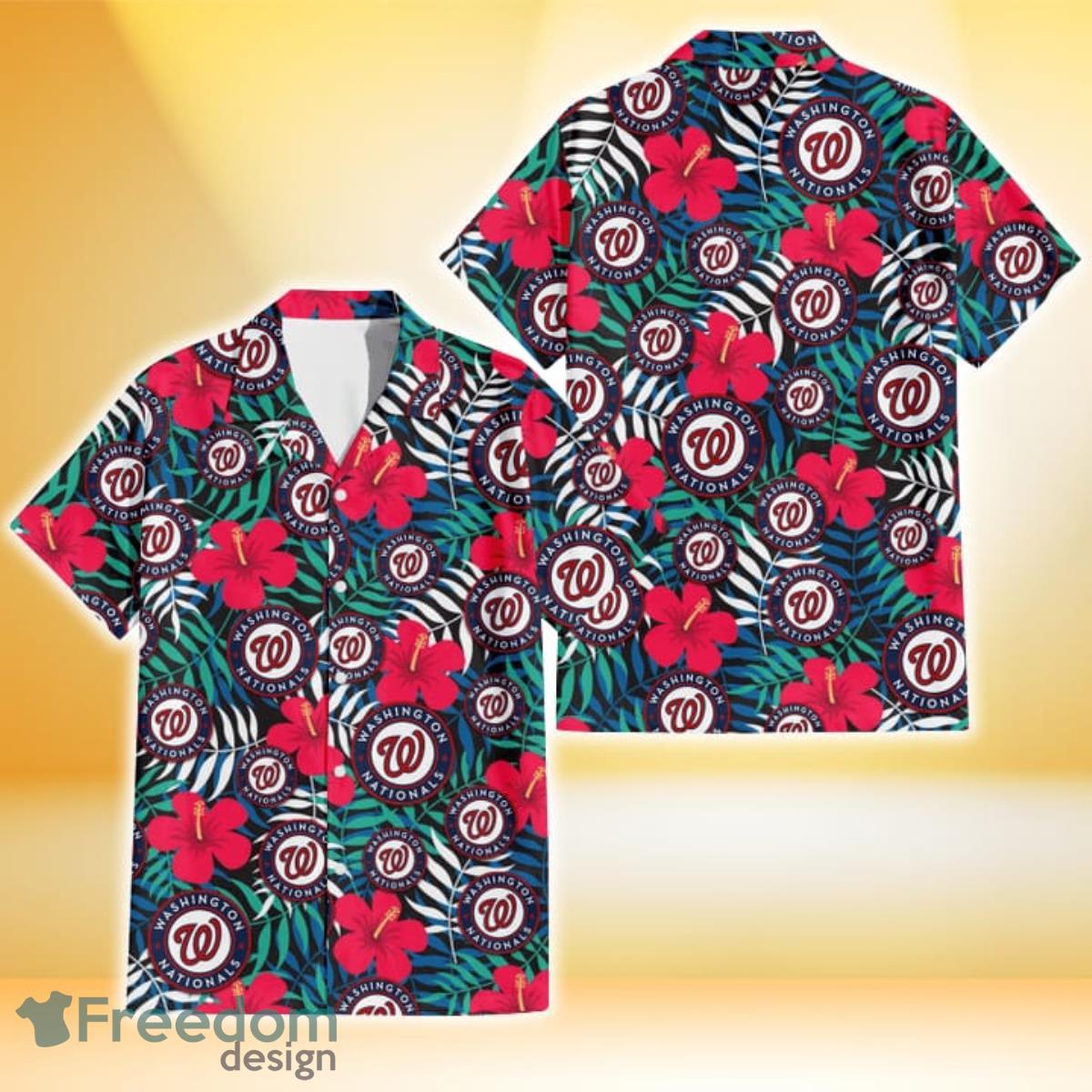 Washington Nationals Red And White Hibiscus Dark Leaf Black Background 3D Hawaiian  Shirt - Limotees