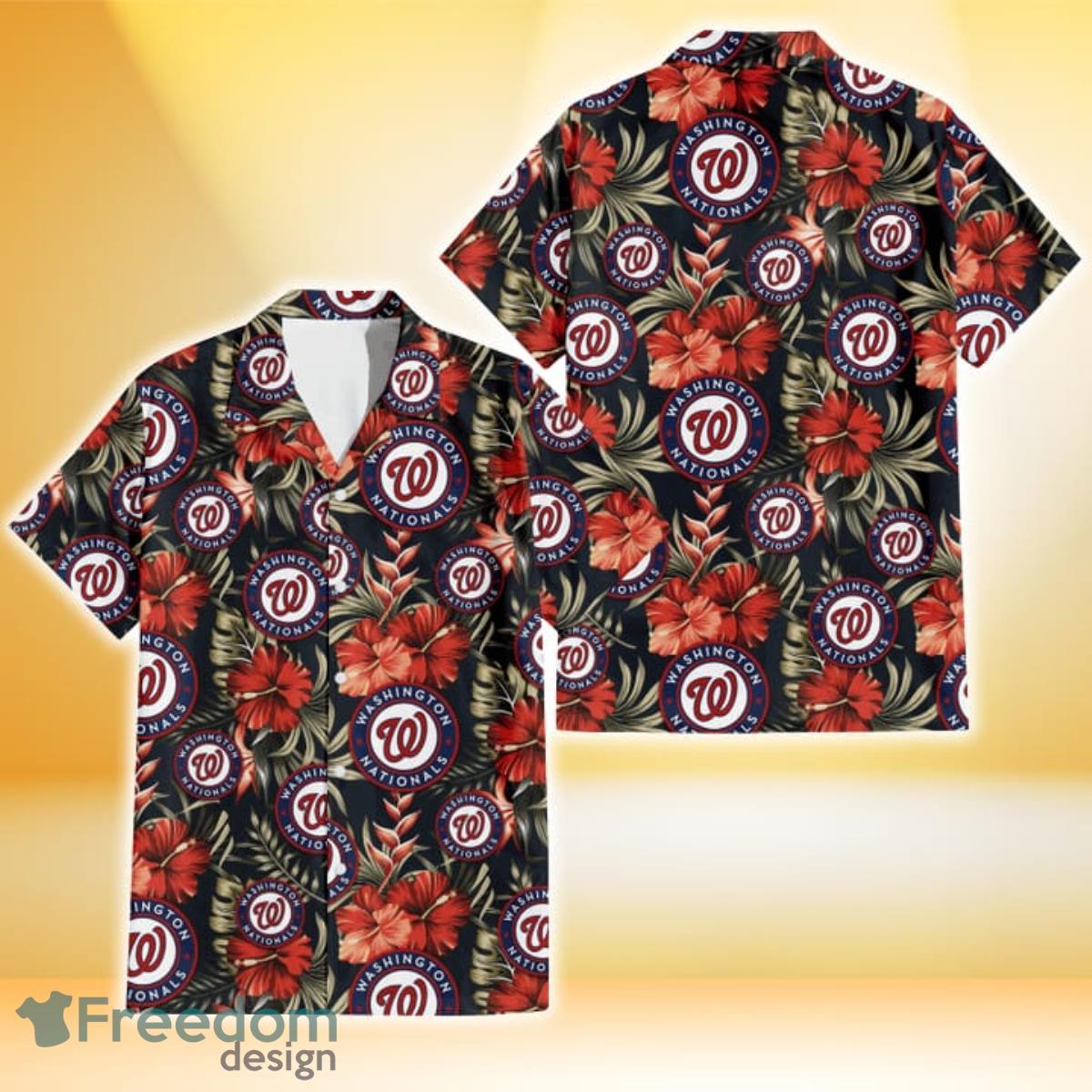 Washington Nationals Red Hibiscus Green Leaf Dark Background 3D Hawaiian Shirt Gift For Fans Product Photo 1