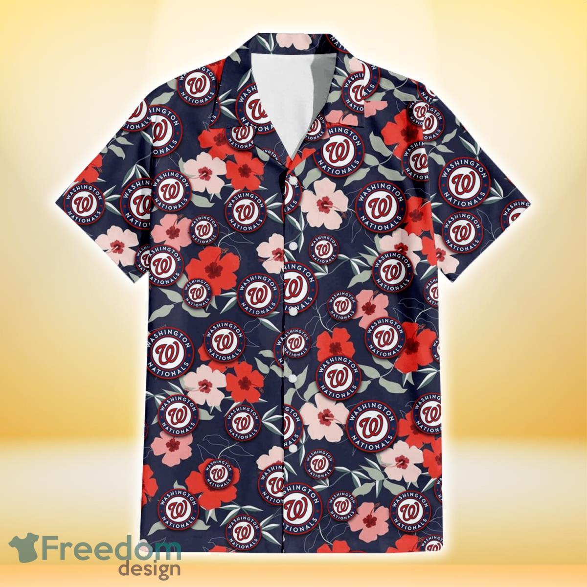 Washington Nationals Red Pink White Hibiscus Black Background 3D Hawaiian Shirt Gift For Fans Product Photo 2