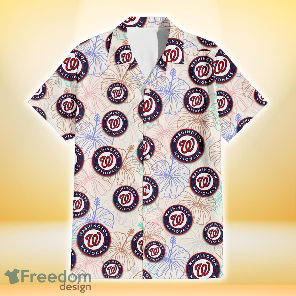 Washington Nationals Sketch Pastel Hibiscus Beige Background 3D Hawaiian Shirt Gift For Fans Product Photo 2