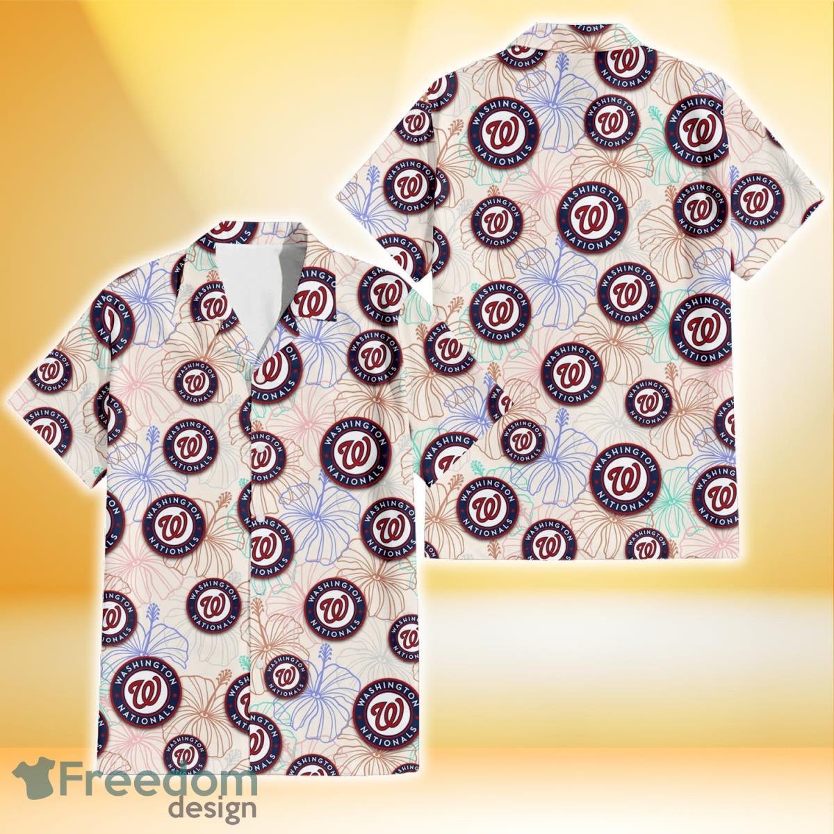 Washington Nationals Sketch Pastel Hibiscus Beige Background 3D Hawaiian Shirt Gift For Fans Product Photo 1