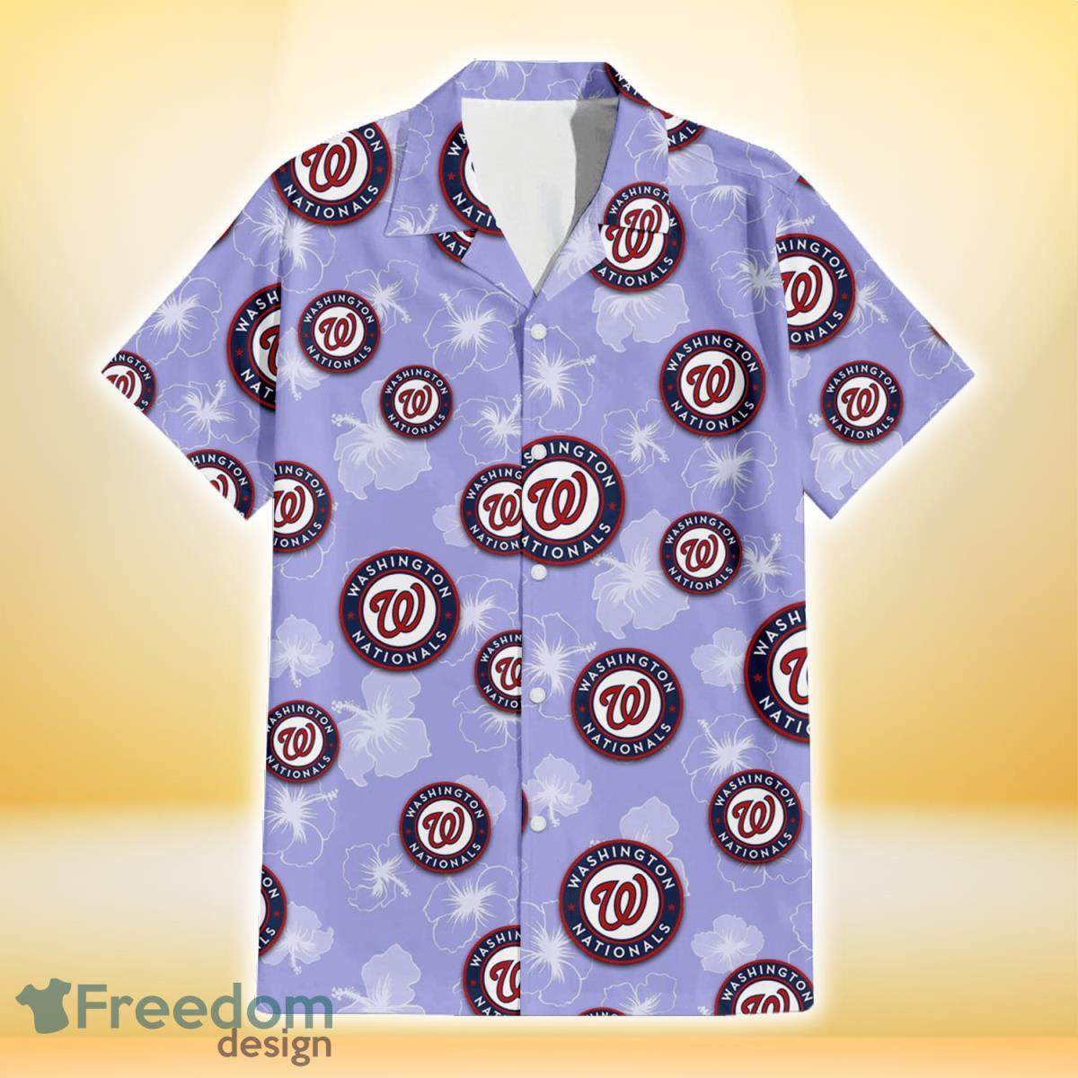 Washington Nationals Sketch White Hibiscus Violet Background 3D Hawaiian Shirt Gift For Fans Product Photo 2