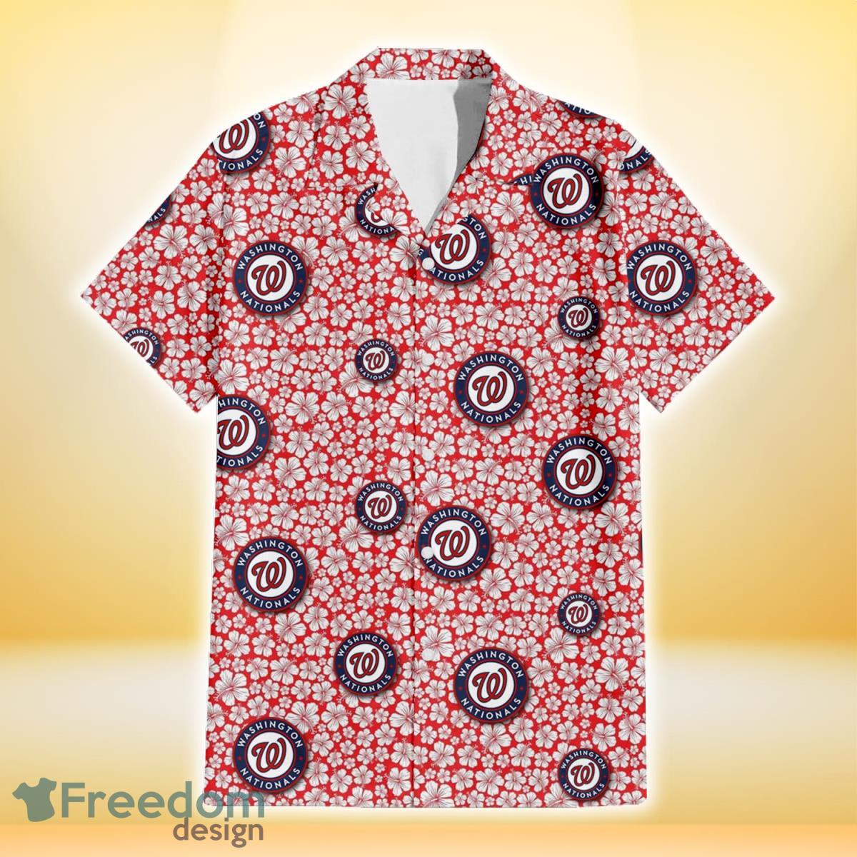 Washington Nationals Tiny White Hibiscus Pattern Red Background 3D Hawaiian Shirt Gift For Fans Product Photo 2