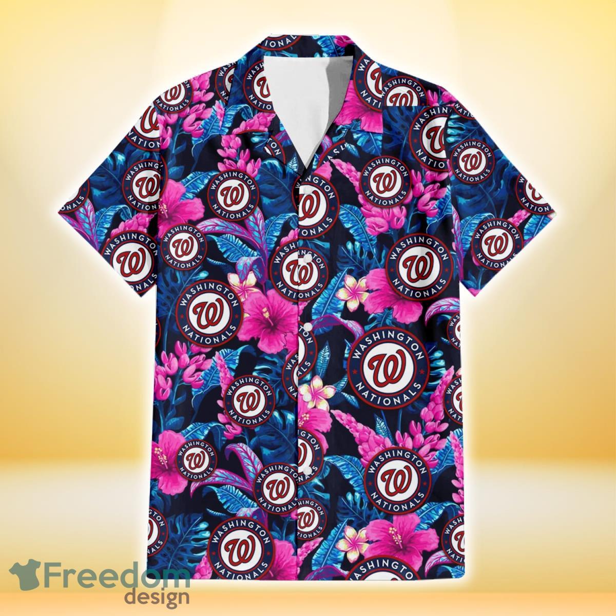 Washington Nationals Violet Red Hibiscus Blue Leaf Black Background 3D Hawaiian Shirt Gift For Fans Product Photo 2