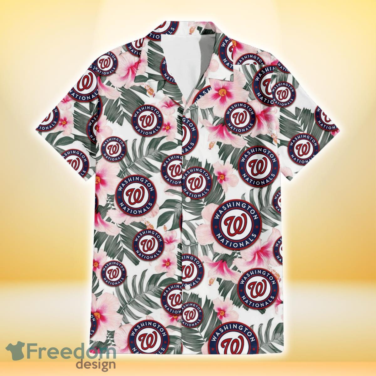 Washington Nationals White Hibiscus Green Leaf White Background 3D Hawaiian Shirt Gift For Fans Product Photo 2