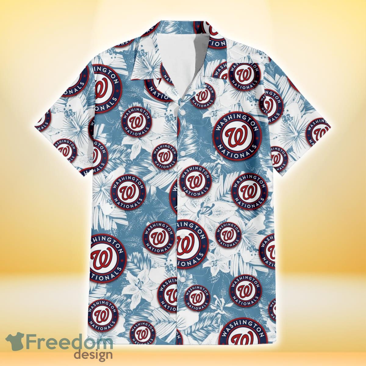 Washington Nationals White Hibiscus Orchid Light Blue Background 3D Hawaiian Shirt Gift For Fans Product Photo 2