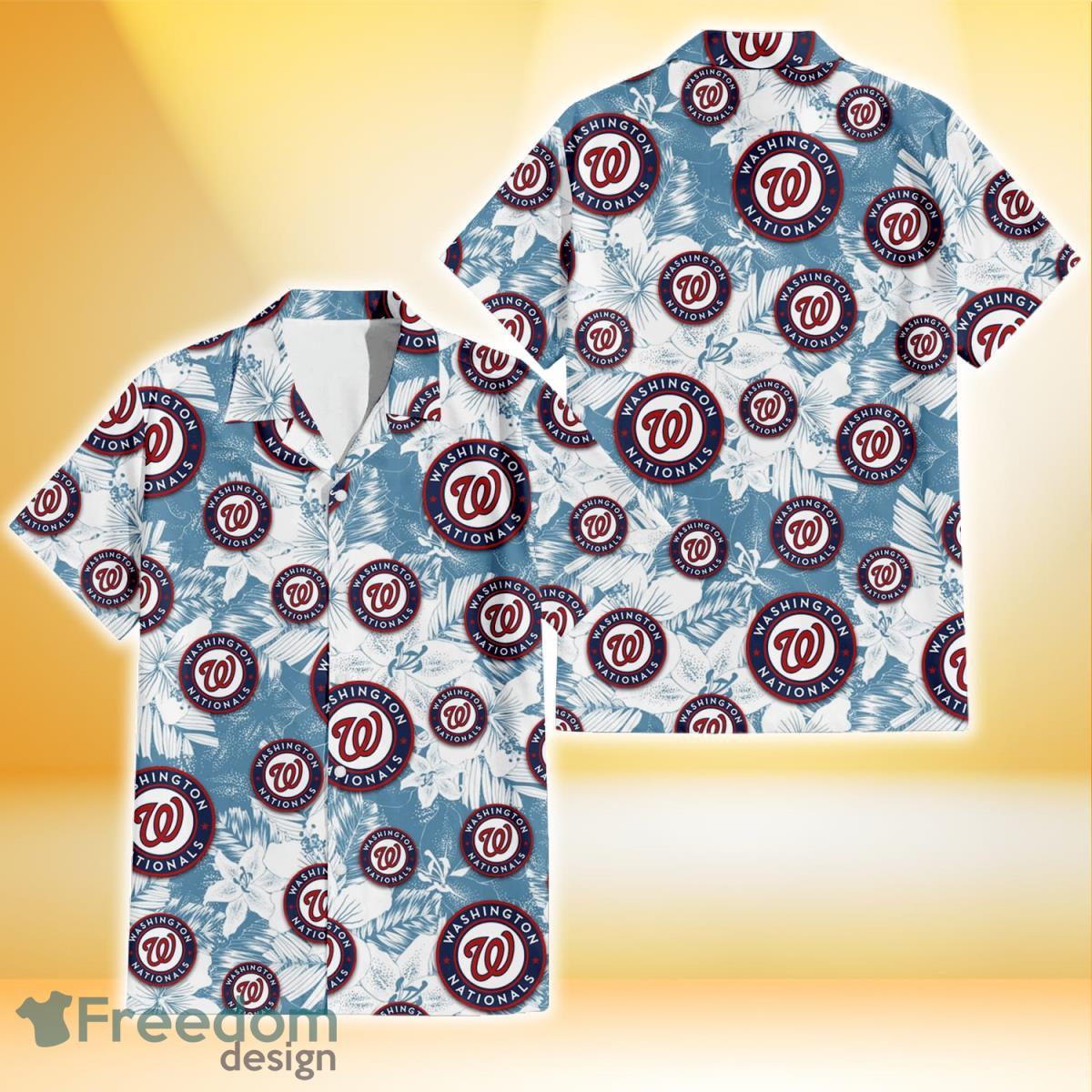 Washington Nationals White Hibiscus Orchid Light Blue Background 3D Hawaiian Shirt Gift For Fans Product Photo 1