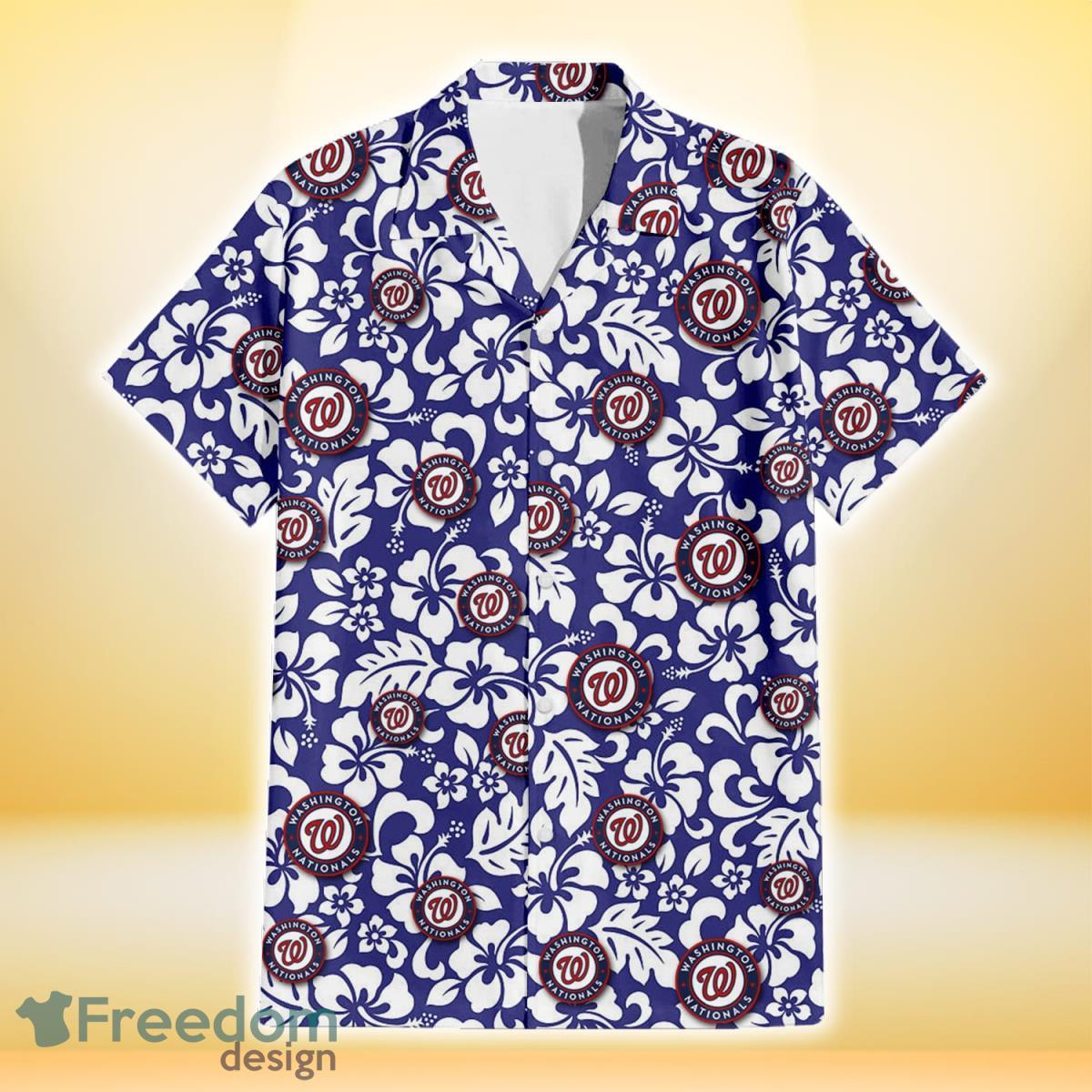 Washington Nationals White Hibiscus Pattern Slate Blue Background 3D Hawaiian Shirt Gift For Fans Product Photo 2