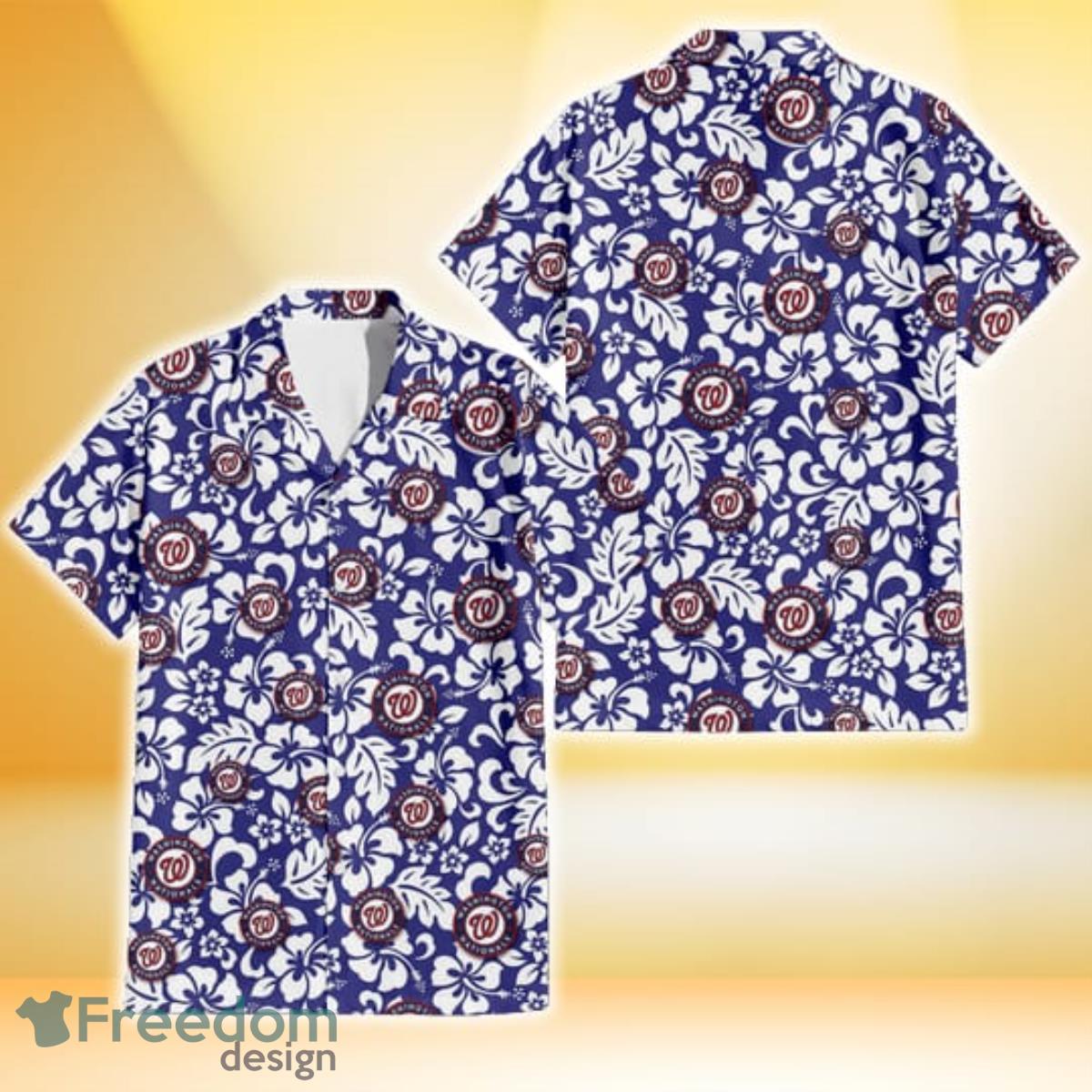 Washington Nationals White Hibiscus Pattern Slate Blue Background 3D Hawaiian Shirt Gift For Fans Product Photo 1