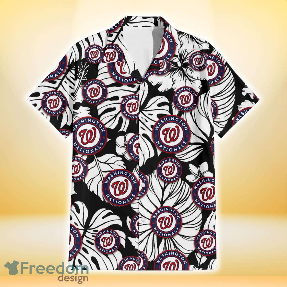 Washington Nationals White Hibiscus Porcelain Flower Palm Leaf Black 3D Hawaiian Shirt Gift For Fans Product Photo 2