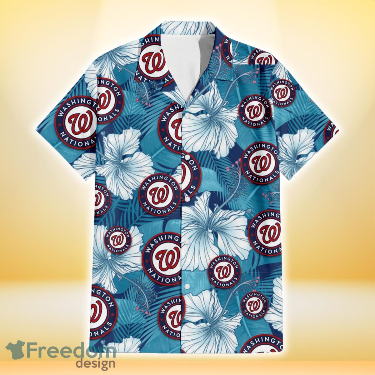 Washington Nationals White Hibiscus Turquoise Banana Leaf Navy Background 3D Hawaiian Shirt Gift For Fans Product Photo 2