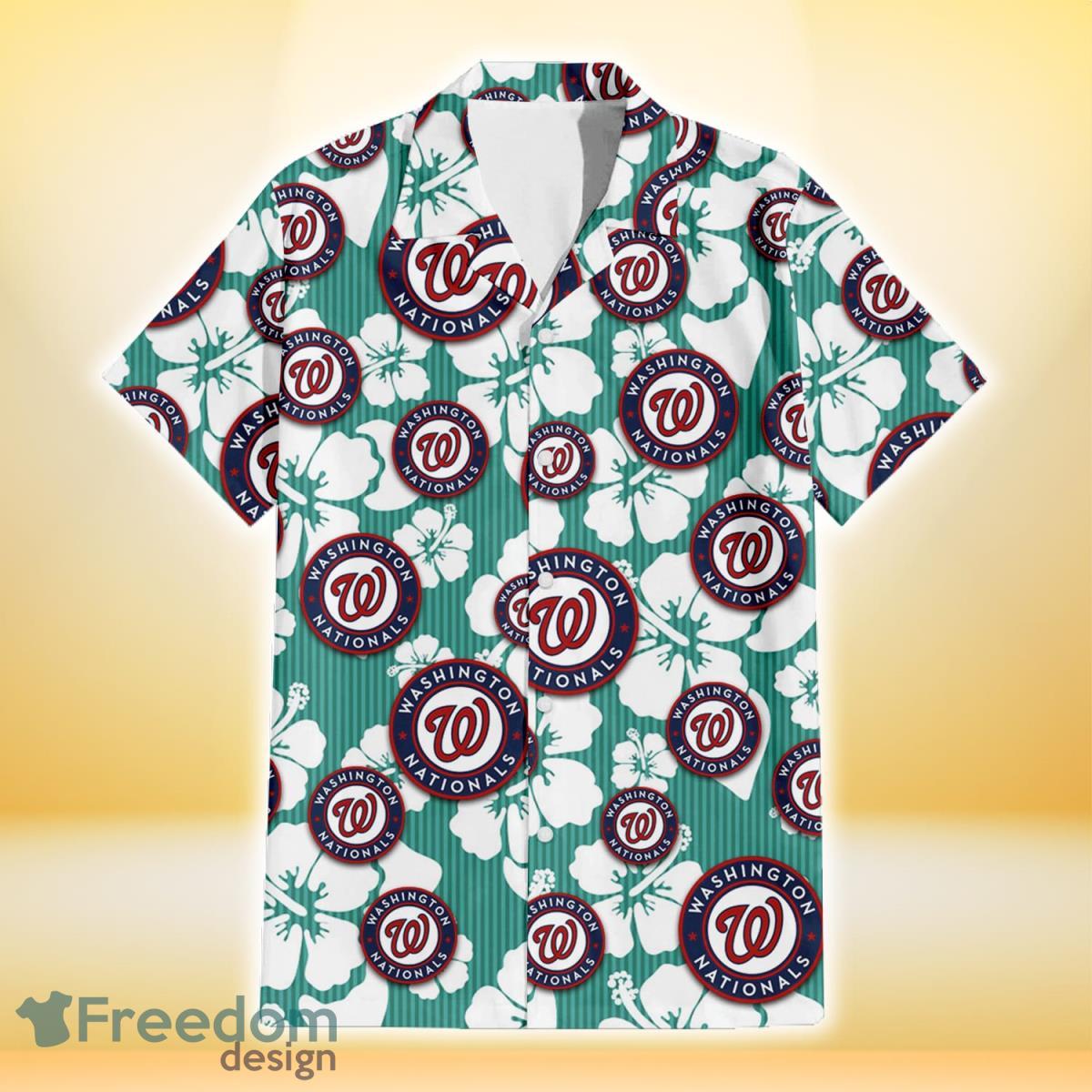 Washington Nationals White Hibiscus Turquoise Stripe Background 3D Hawaiian Shirt Gift For Fans Product Photo 2