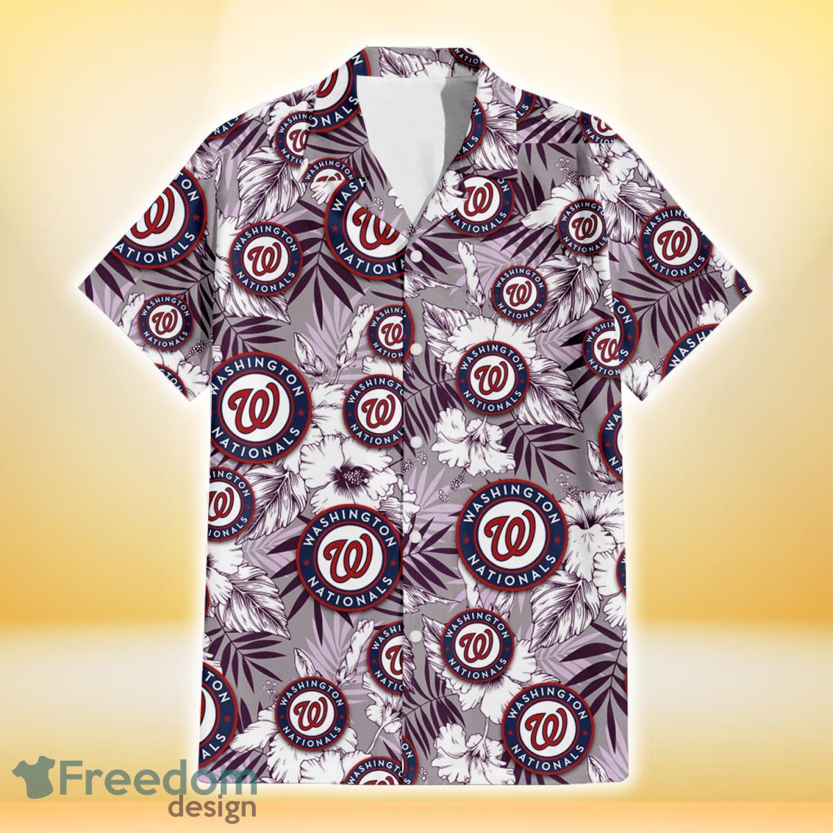 Washington Nationals White Hibiscus Violet Leaves Light Grey Background 3D Hawaiian Shirt Gift For Fans Product Photo 2