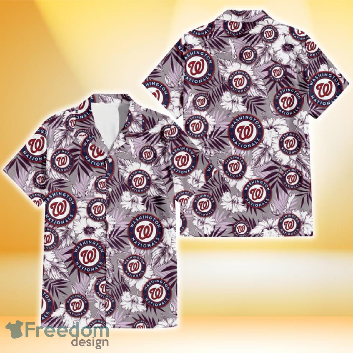 Washington Nationals White Hibiscus Violet Leaves Light Grey Background 3D Hawaiian Shirt Gift For Fans Product Photo 1