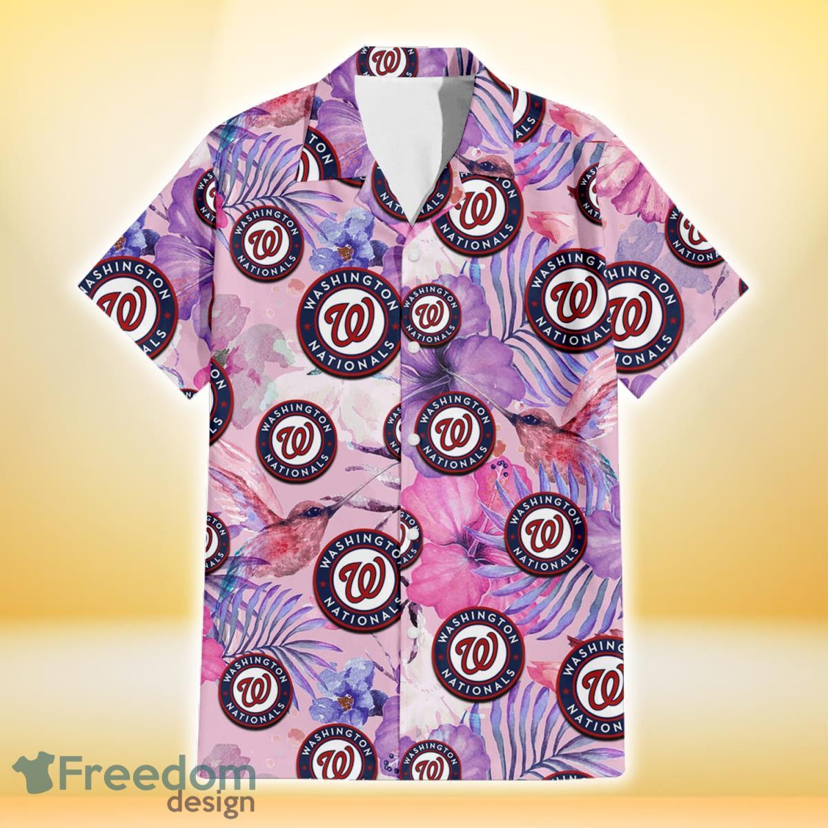 Washington Nationals White Purple Hibiscus Pink Hummingbird Pink Background 3D Hawaiian Shirt Gift For Fans Product Photo 2