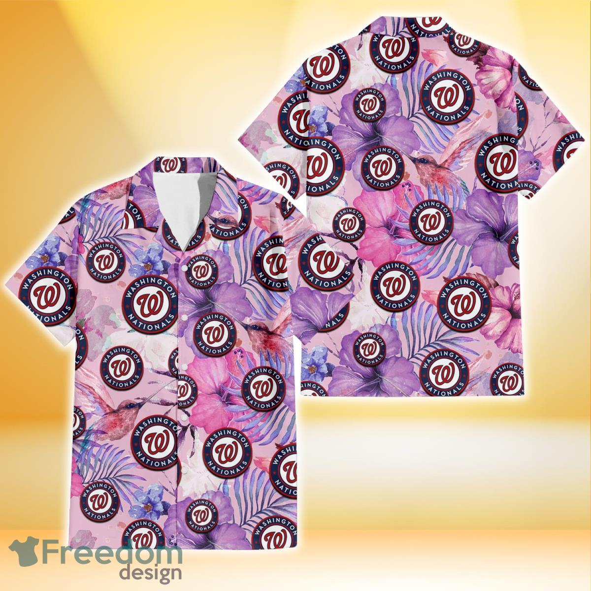 Washington Nationals White Purple Hibiscus Pink Hummingbird Pink Background 3D Hawaiian Shirt Gift For Fans Product Photo 1