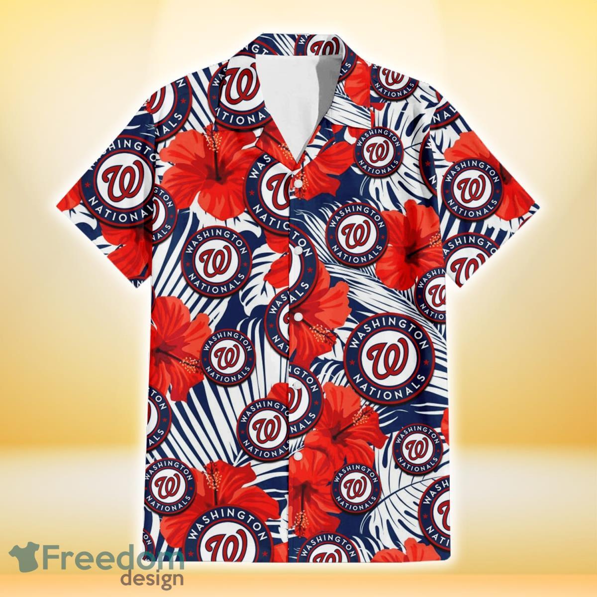 Washington Nationals White Tropical Leaf Red Hibiscus Navy Background 3D Hawaiian Shirt Gift For Fans Product Photo 2