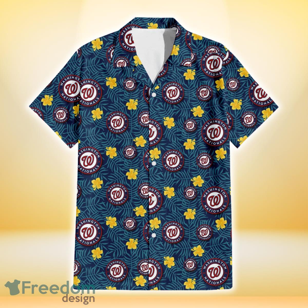 Washington Nationals Yellow Hibiscus Cadet Blue Leaf Navy Background 3D Hawaiian Shirt Gift For Fans Product Photo 2