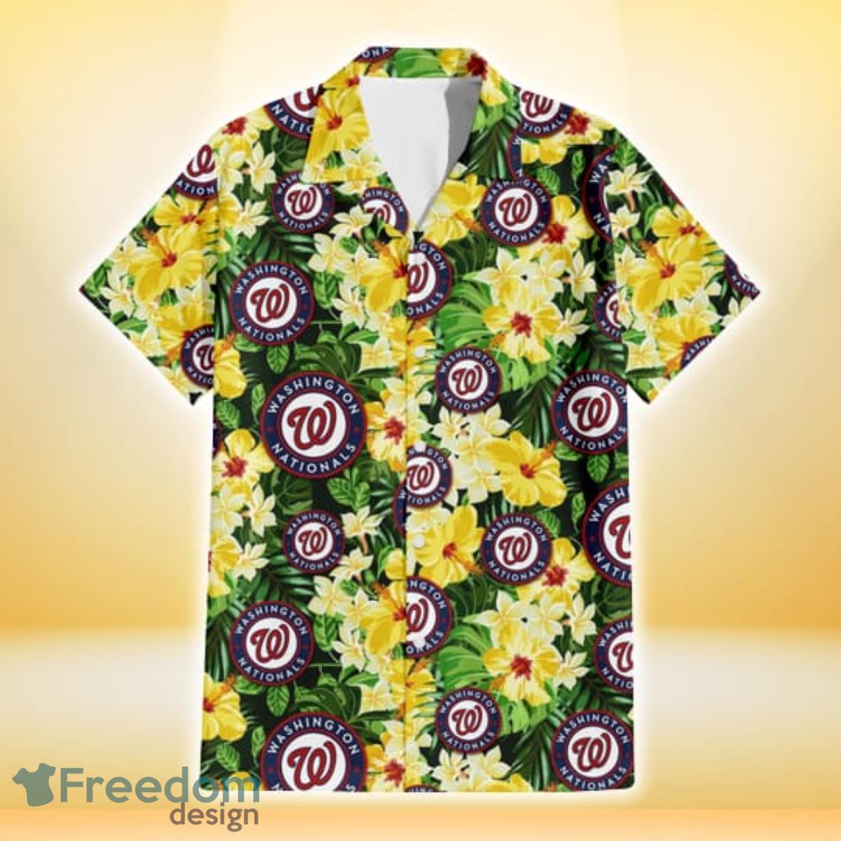 Washington Nationals Yellow Hibiscus Tropical Green Leaf Black Background 3D Hawaiian Shirt Gift For Fans Product Photo 2