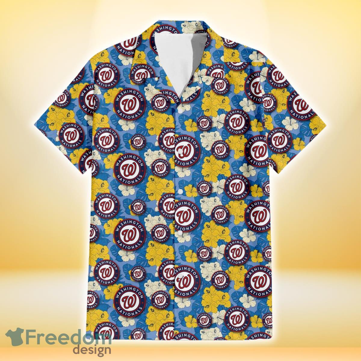 Washington Nationals Yellow White Hibiscus Powder Blue Background 3D Hawaiian Shirt Gift For Fans Product Photo 2