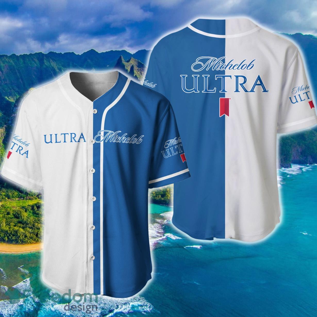 White And Blue Split Michelob ULTRA Baseball Jersey Product Photo 1