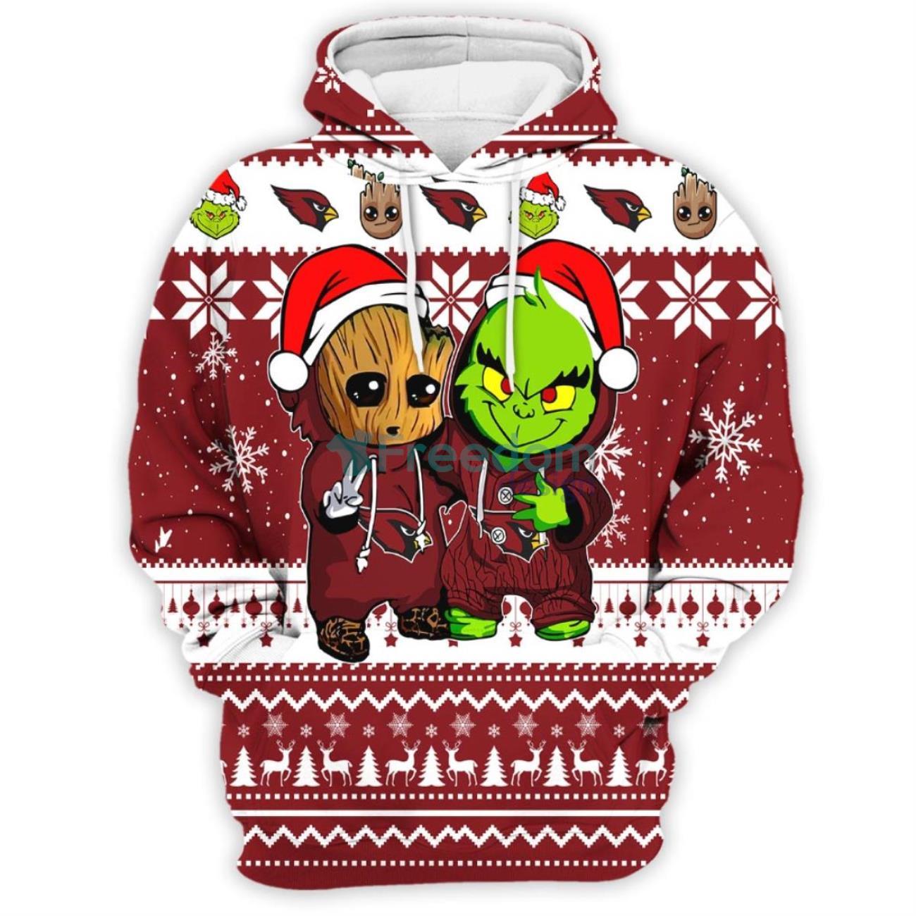 Arizona Cardinals Baby Groot And Grinch Best Friends 3D Chirstmas Sweater Hoodie Product Photo 2
