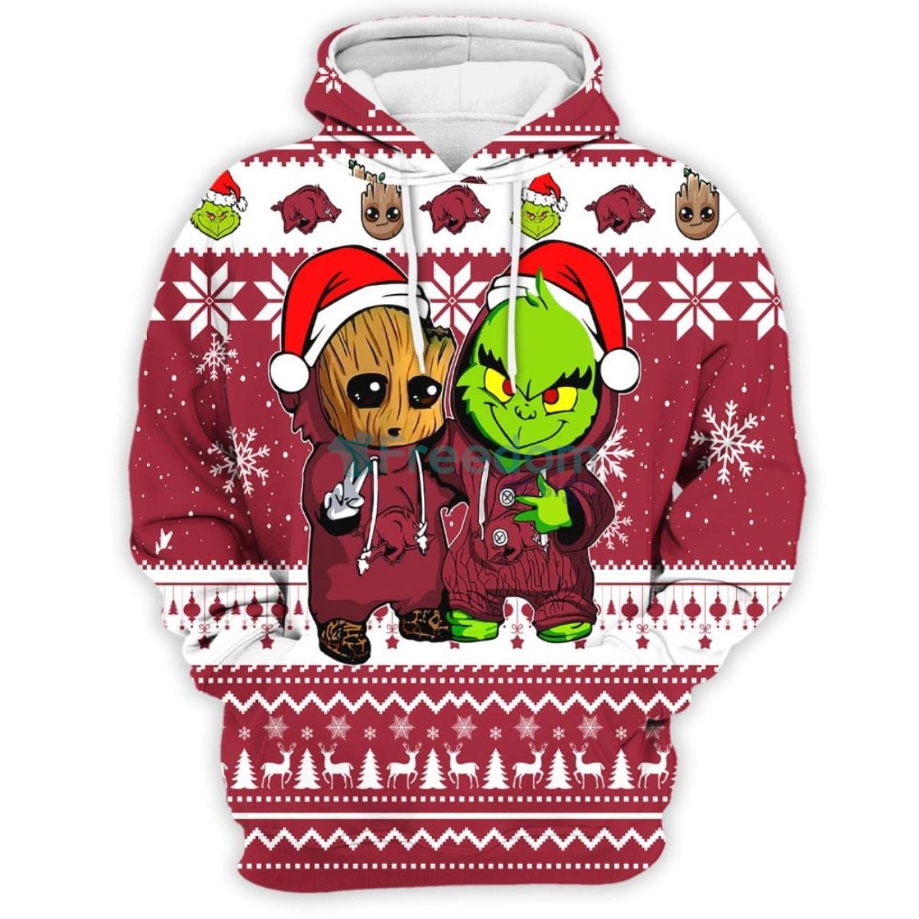 Arkansas Razorbacks Baby Groot And Grinch Best Friends 3D Chirstmas Sweater Hoodie Product Photo 2