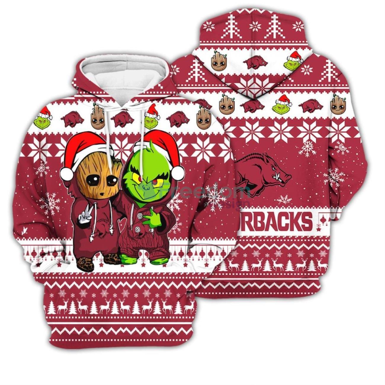 Arkansas Razorbacks Baby Groot And Grinch Best Friends 3D Chirstmas Sweater Hoodie Product Photo 1
