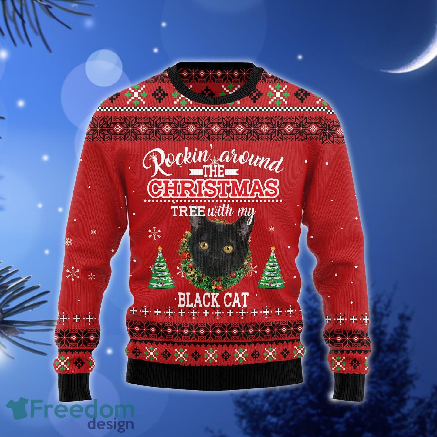 Black Cat Rockin Ugly Christmas Sweater Gift Men Women - Black Cat Rockin TY0712 unisex womens & mens, couples matching, friends, funny family ugly christmas holiday sweater gifts (plus size available)_1