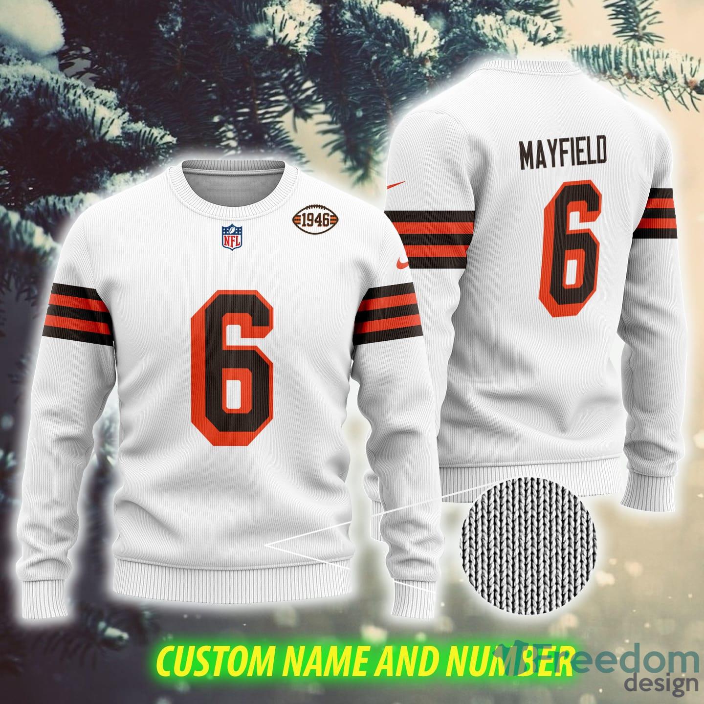 Custom Number And Name NFL Cleveland Browns 1946 Mayfield AOP Santa Ugly  Christmas Sweater White Gift For Fans - Freedomdesign