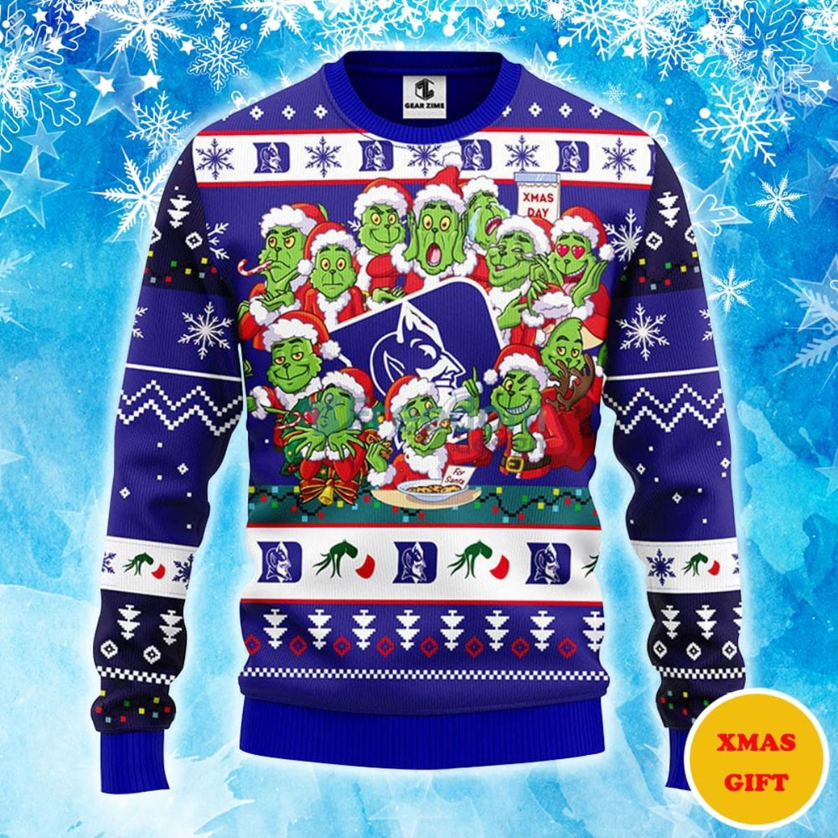 Duke Blue Devils 12 Grinch Xmas Day Christmas AOP Sweater Product Photo 1