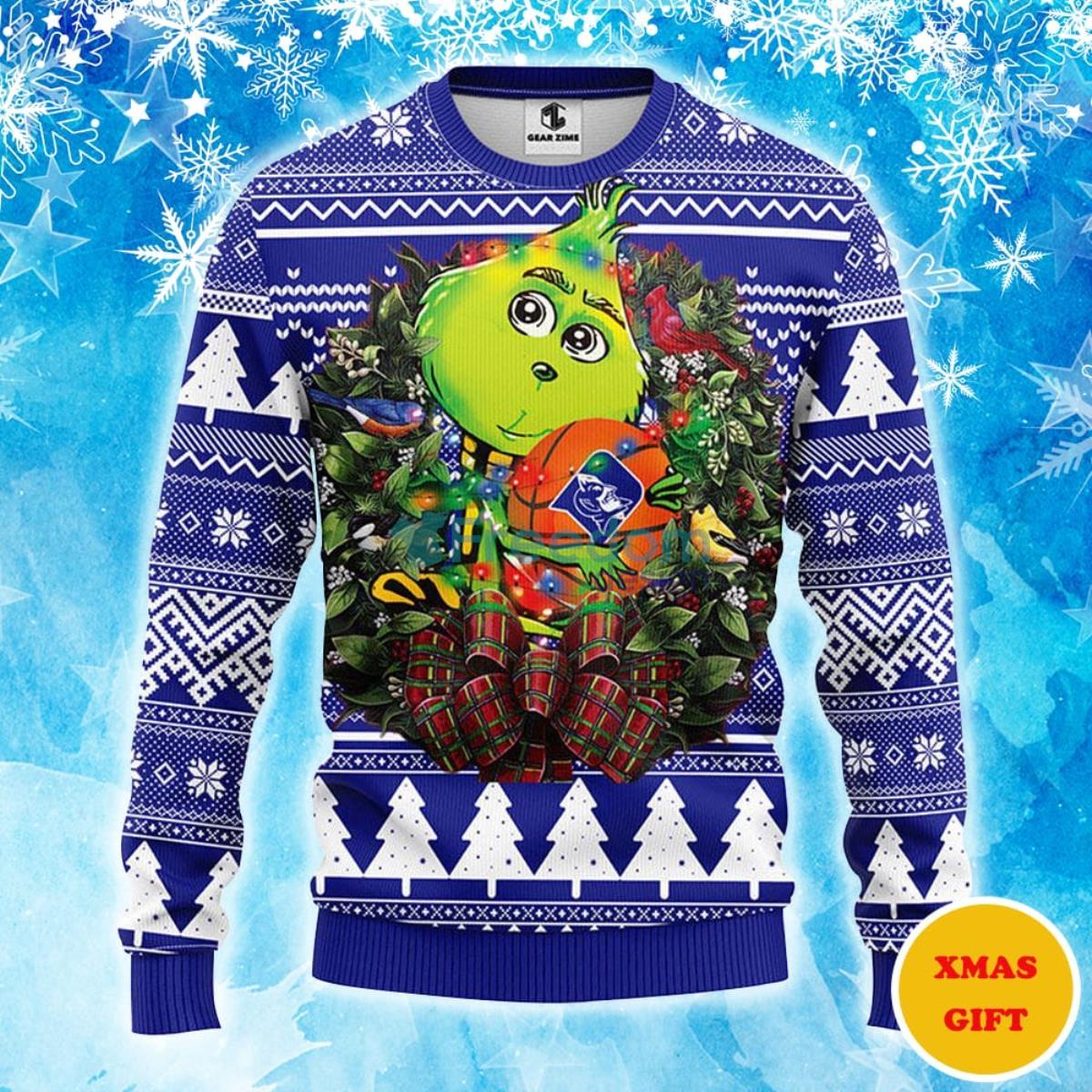 Duke Blue Devils Grinch Hug Christmas AOP Sweater Product Photo 1