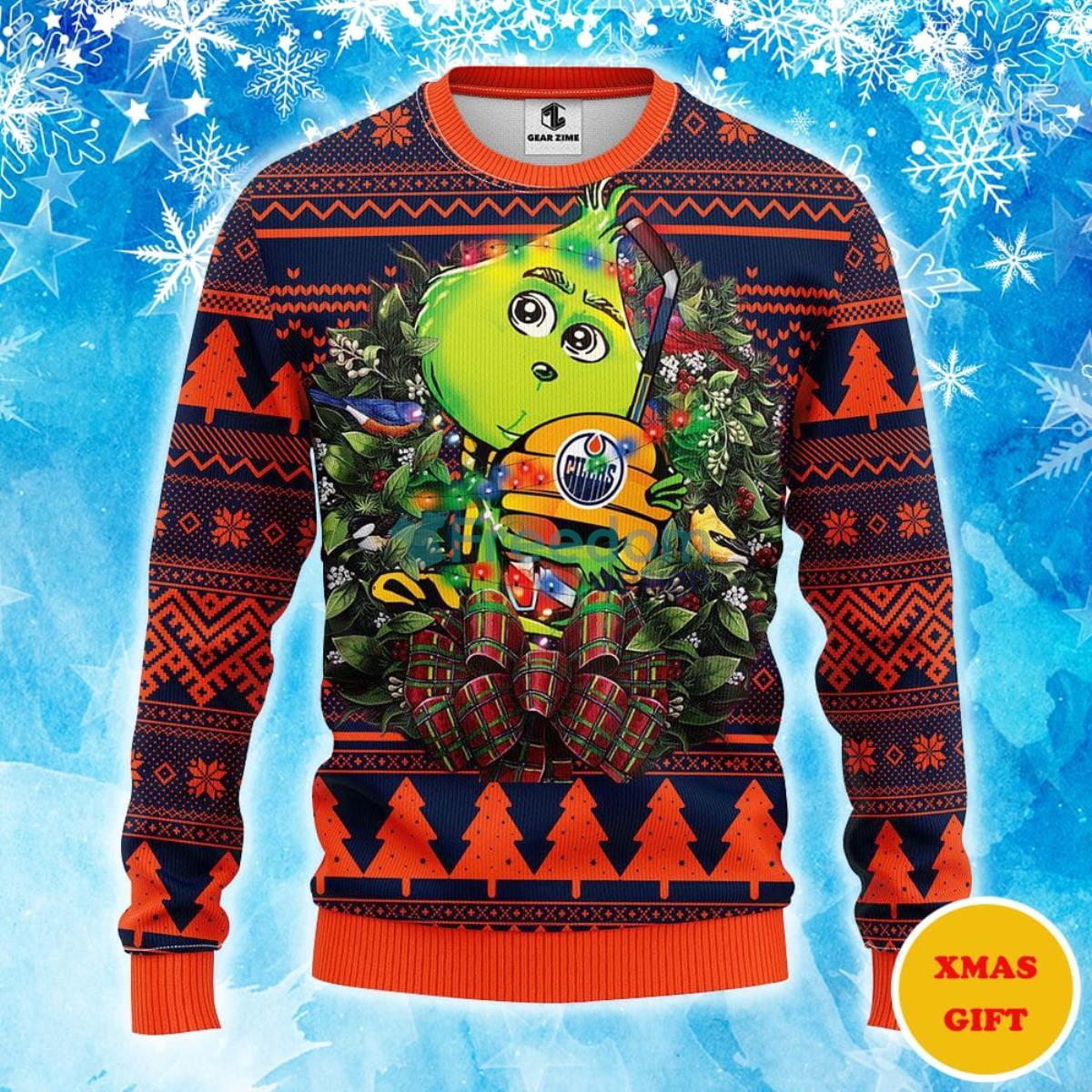 Edmonton Oilers Grinch Hug Christmas AOP Sweater Product Photo 1