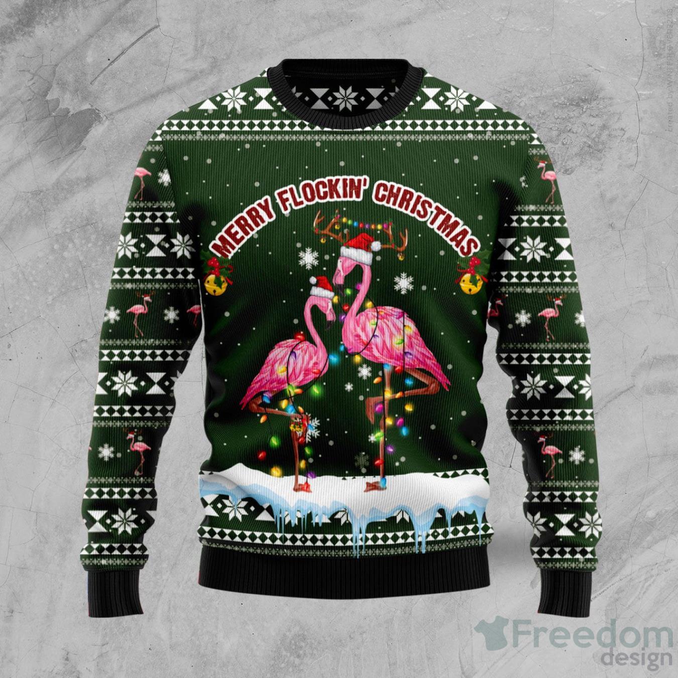 Flamingo Dancing On Snow Merry Flocking Christmas Ugly Sweater Product Photo 1