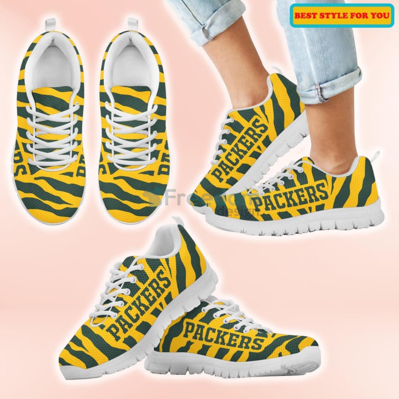 Green Bay Packers Tiger Skin Stripes Pattern Printed Casual Sneakers For Sport Fans Product Photo 2