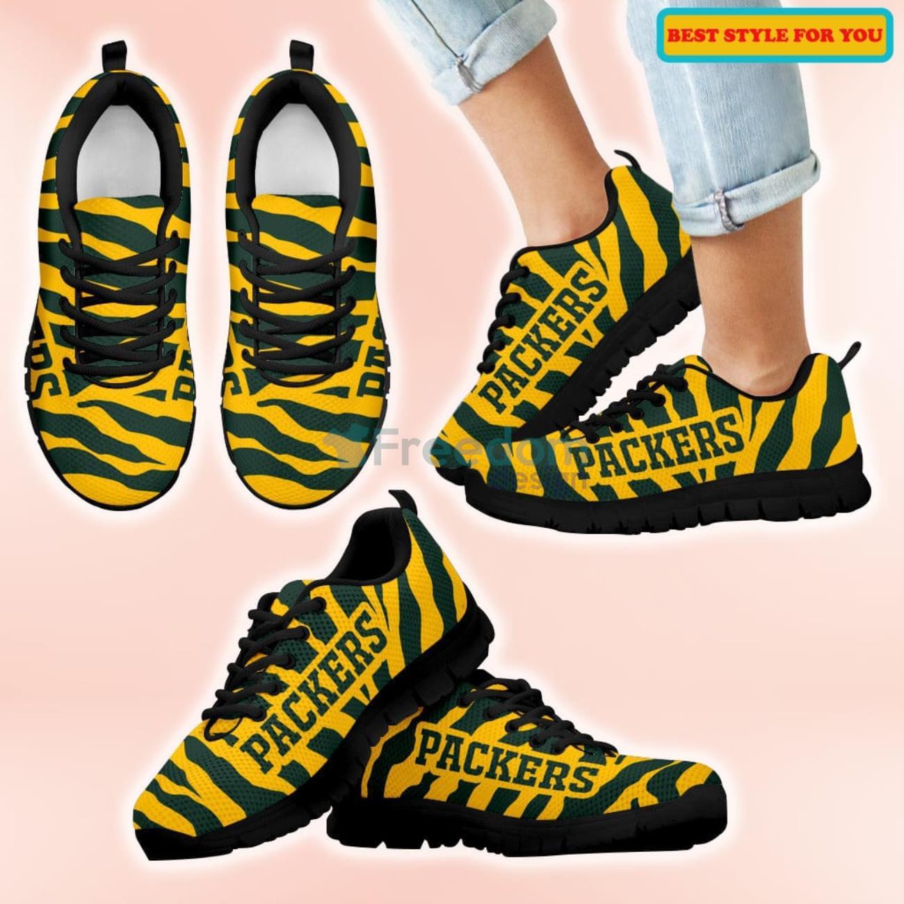 Green Bay Packers Tiger Skin Stripes Pattern Printed Casual Sneakers For Sport Fans Product Photo 1
