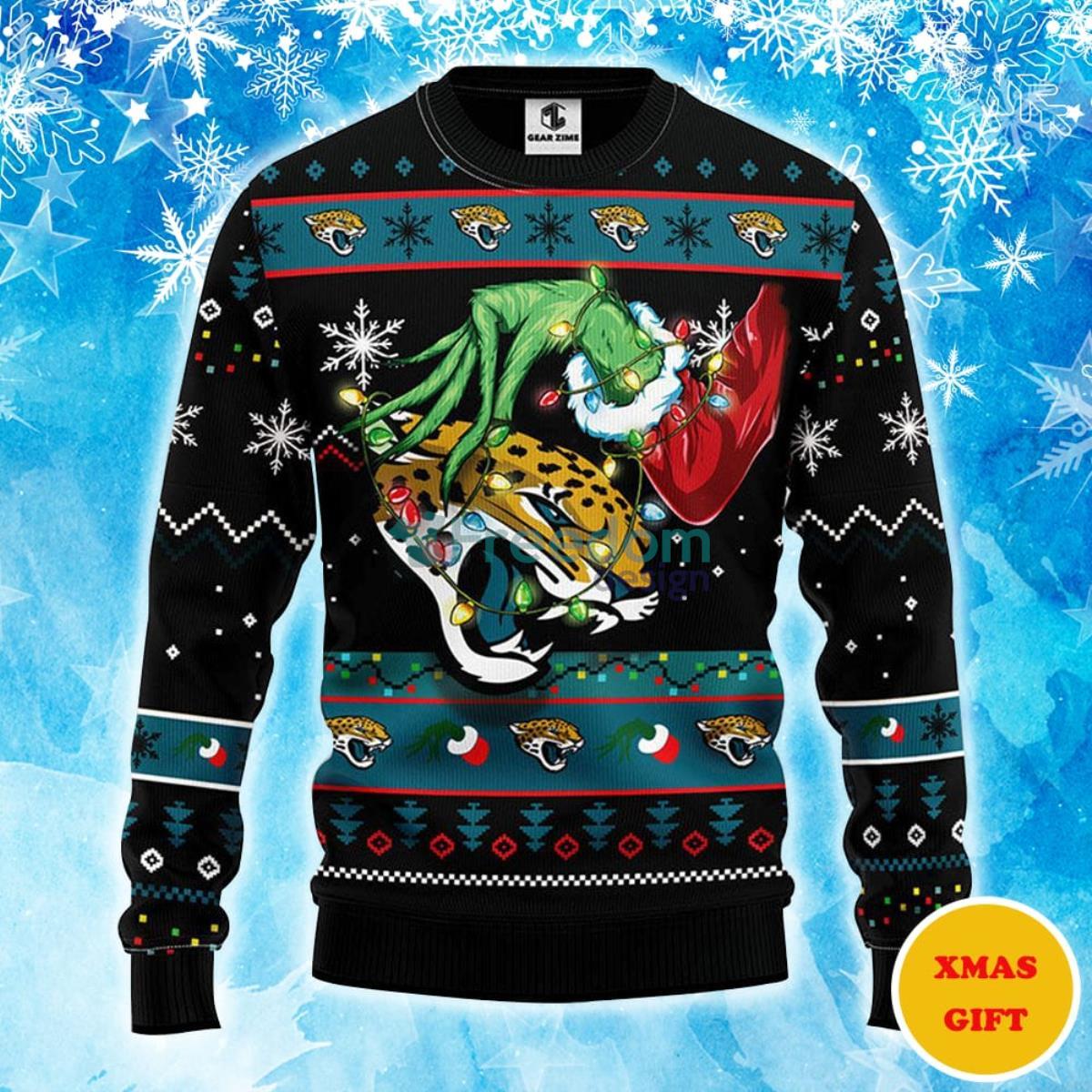 Jacksonville Jaguars Grinch Christmas AOP Sweater Product Photo 1