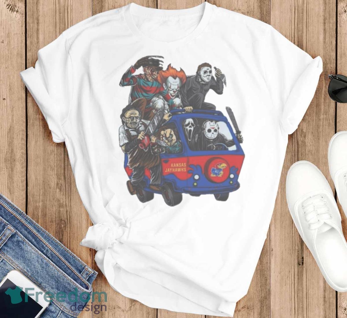 Kansas Jayhawks Horror Movies Characters Bus Halloween 2023 T Shirt - T-SHIRT FLAT