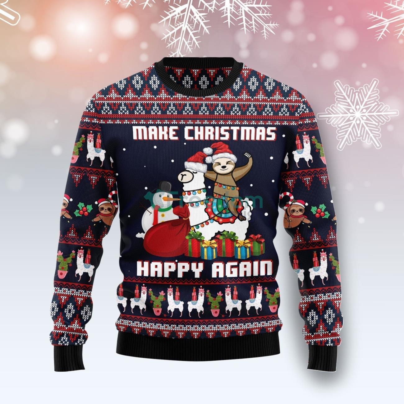 Llama Sloth Make Christmas Happy Again Christmas Knitted Sweater Product Photo 1