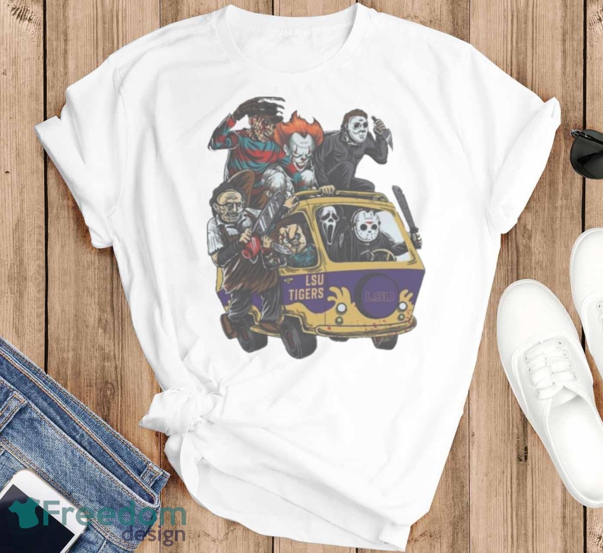 LSU Tigers Horror Movies Characters Bus Halloween 2023 T Shirt - T-SHIRT FLAT