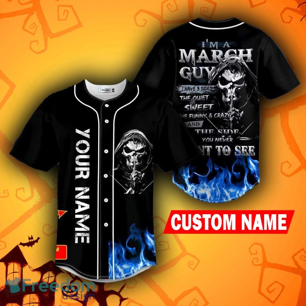 Custom Name March Guy Blue Fire Skull Baseball Jersey For Men And Women  Gift Halloween - Freedomdesign