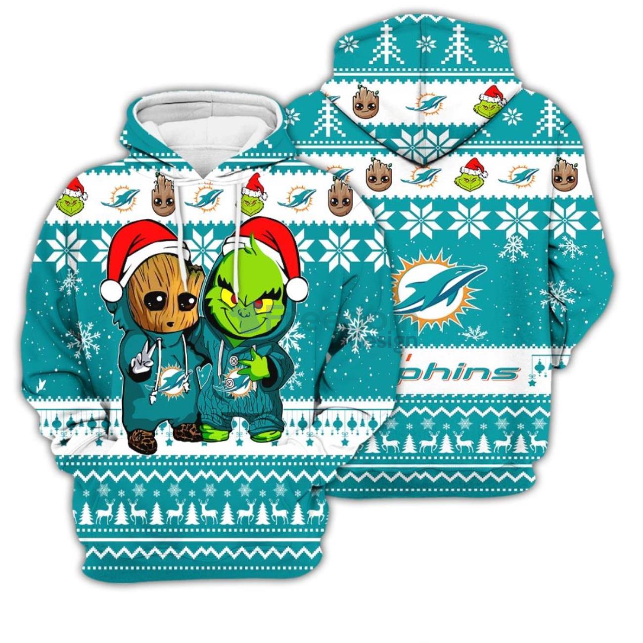 Miami Dolphins Baby Groot And Grinch Best Friends Football American Ugly  Christmas Sweater - Banantees