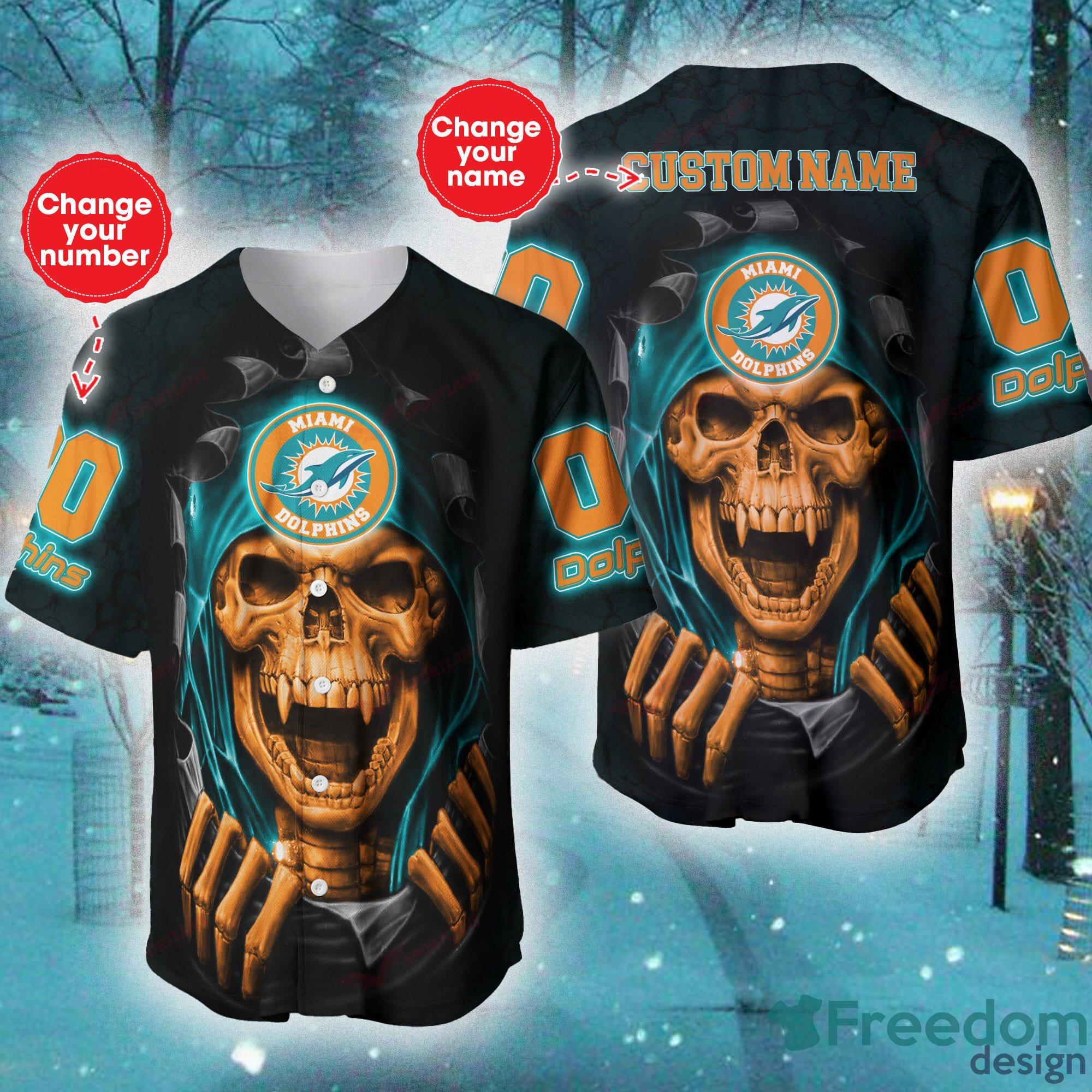 Miami Dolphins NFL Baseball Jersey Shirt Skull Custom Number And Name For  Fans Gift Halloween - Freedomdesign