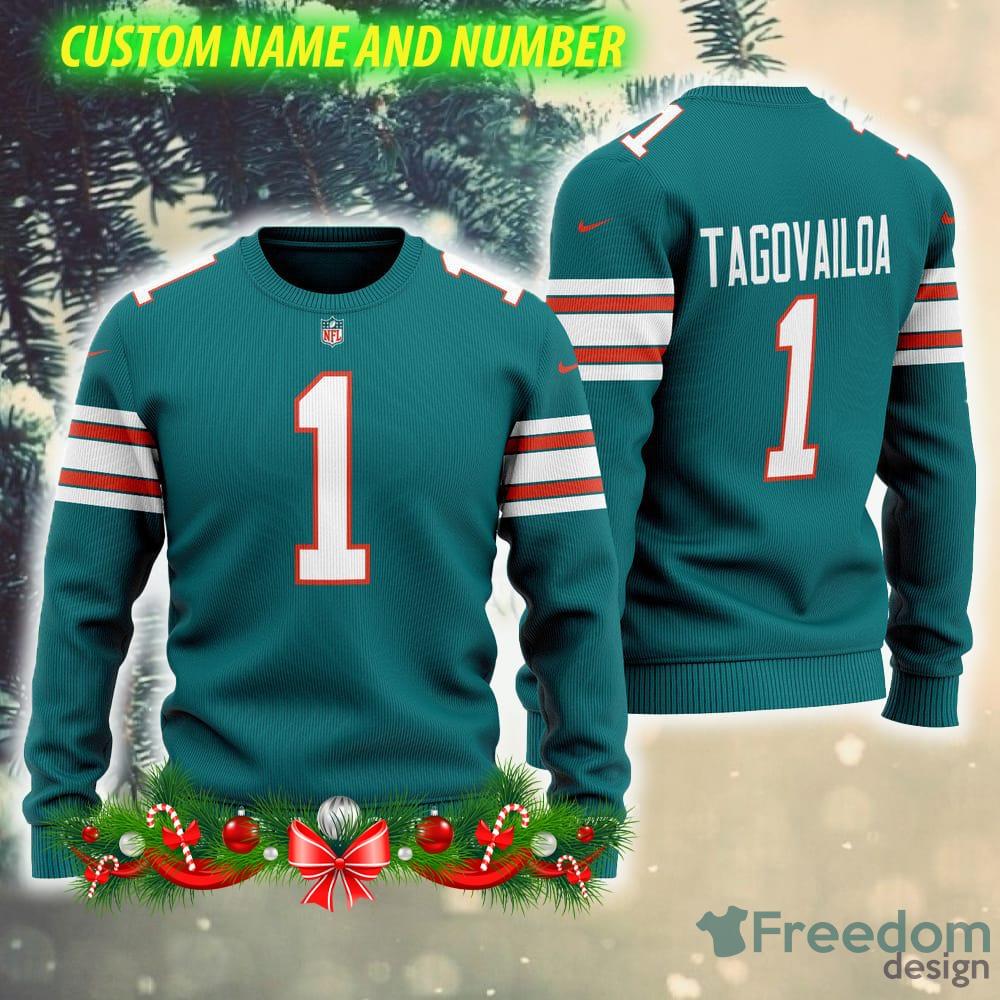 Miami Dolphins NFL Tagovalloa AOP Winterize Ugly Christmas Sweater Green  Custom Number And Name Gift Fans - Freedomdesign