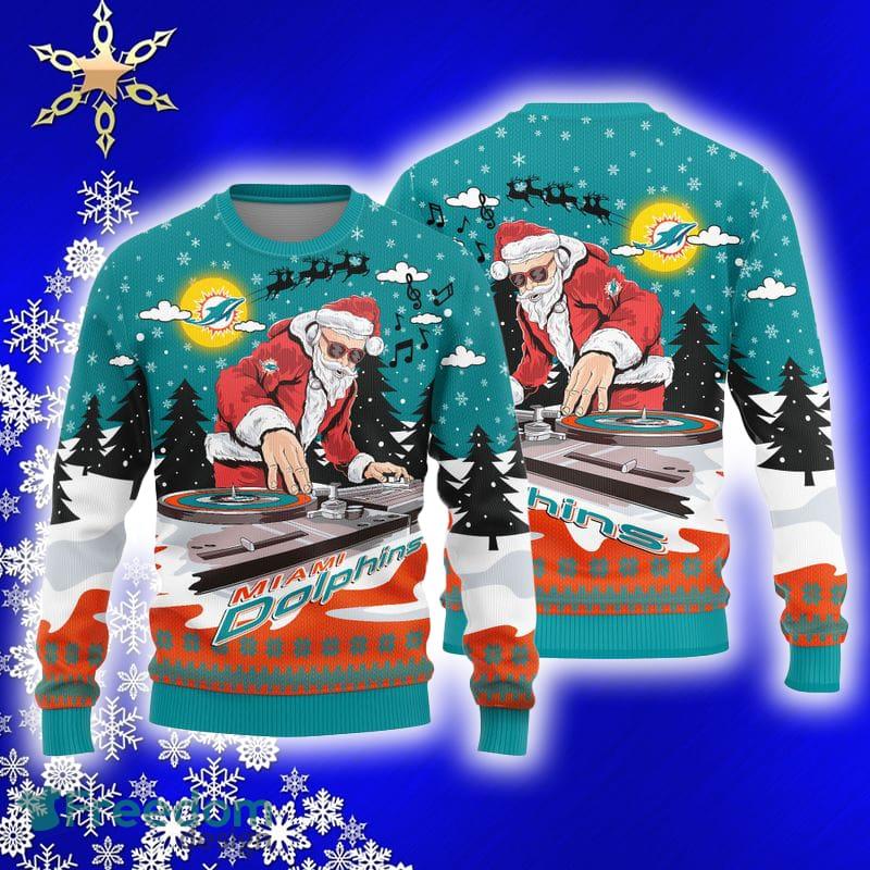 Miami Dolphins Logo Knitted Funny DJ Santa Ugly Christmas Sweater -  Banantees